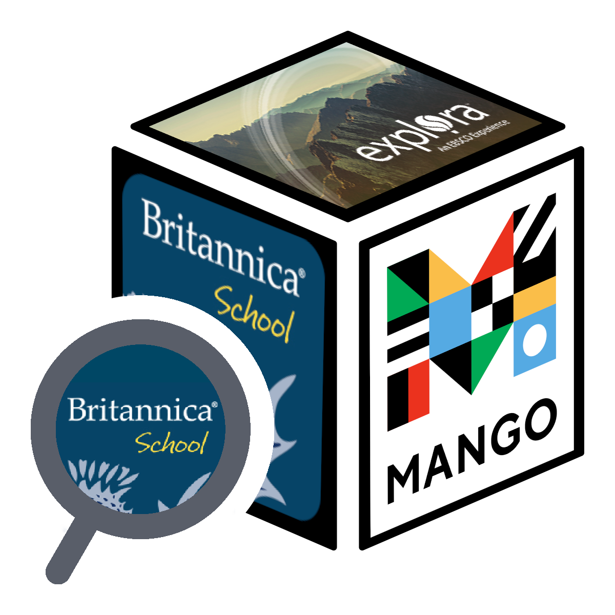 Magnifying glass inspecting cube with Britannica, Explora and Mango on three visible sides