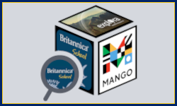 Magnifying glass looking at cube with Britannica, Mango Languages and Explora on the sides